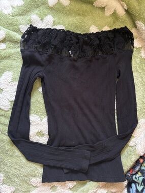Free People Black Off-Shoulder Lace Trim Ribbed Top